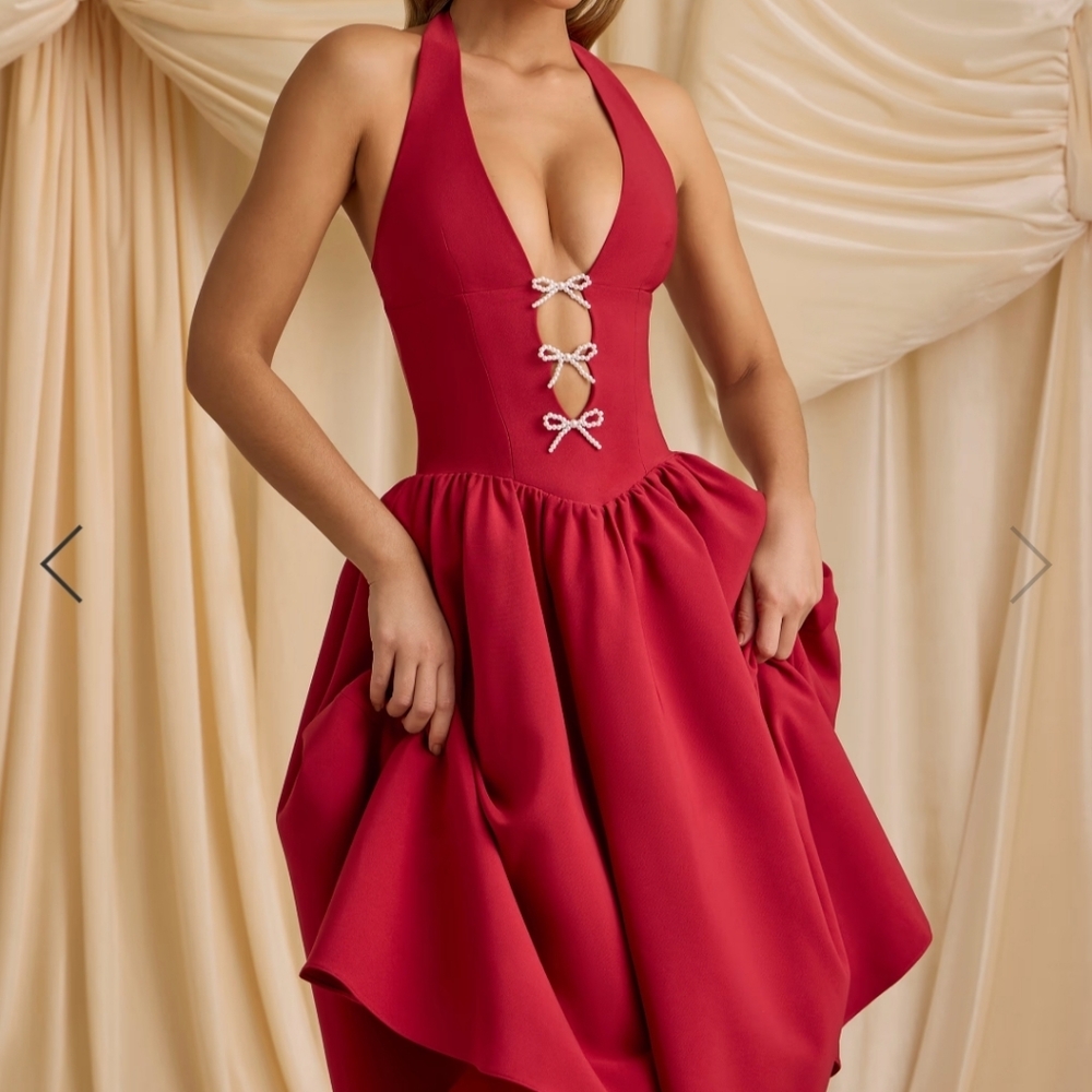 Oh Polly! Halterneck Bow-Detail Midi Dress in True Red